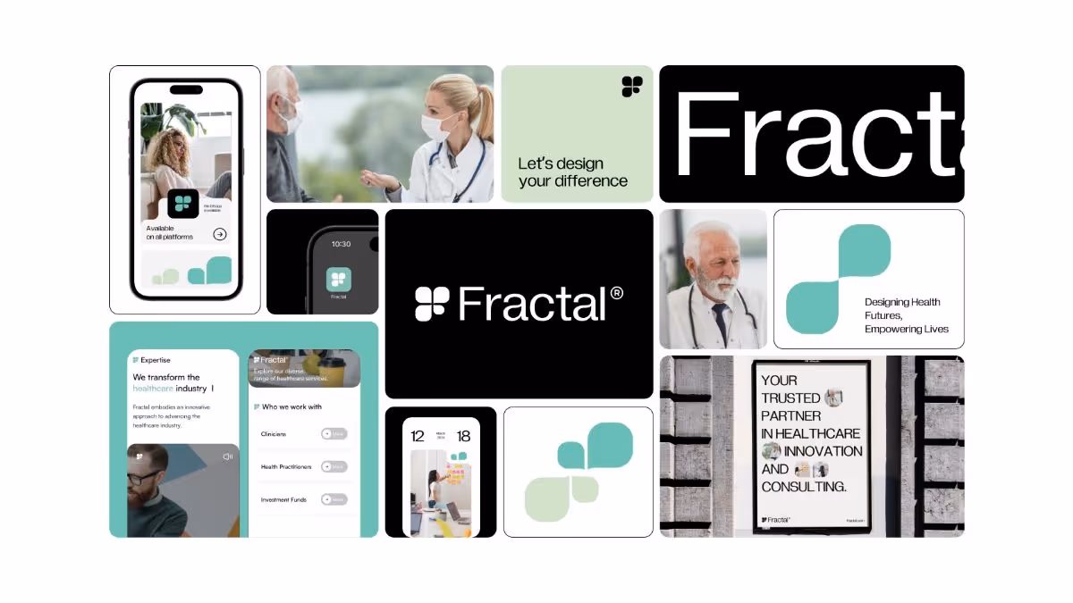 Collage of various images including healthcare professionals, digital interfaces, and the Fractal logo. Texts focus on innovation, design, and healthcare consulting.