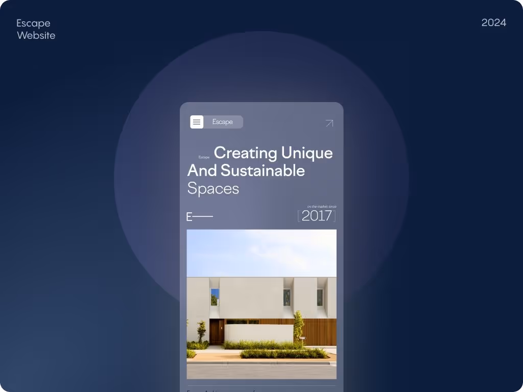 Mobile phone screen displaying a modern architecture website with the text "Creating Unique And Sustainable Spaces."