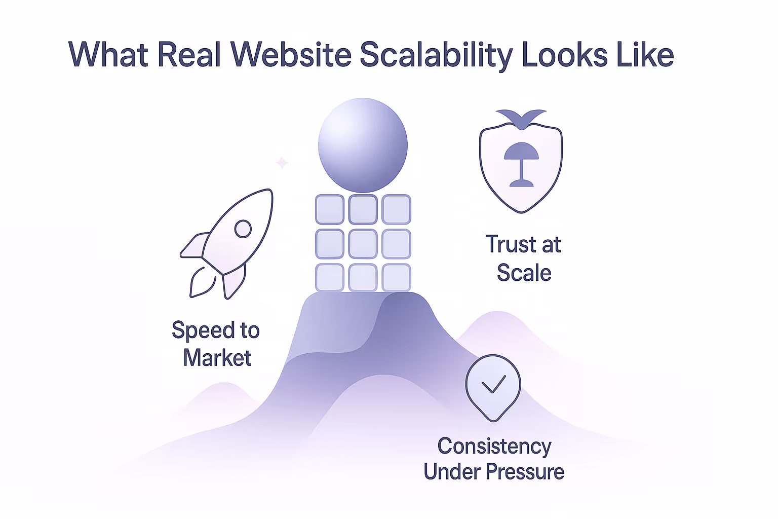 Illustration showing website scalability with a rocket labeled "Speed to Market," a shield labeled "Trust at Scale," and a checkmark labeled "Consistency Under Pressure."
