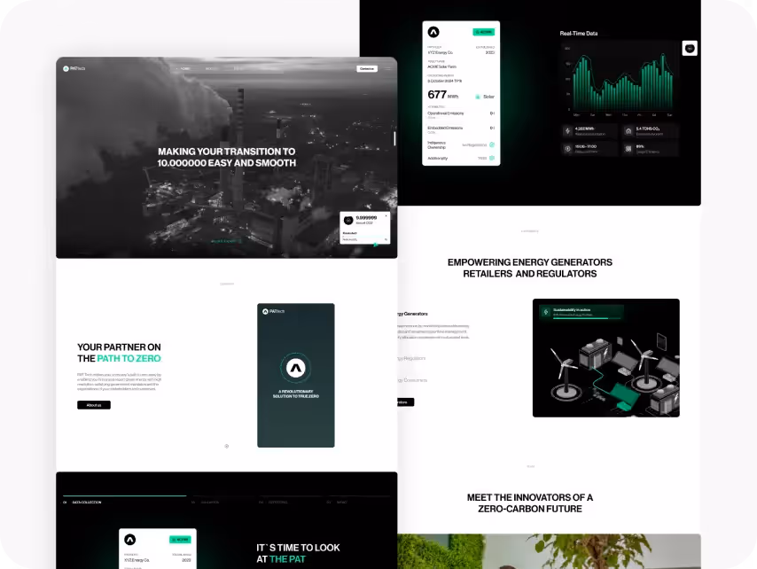 Modern web design emphasizing sustainable energy transition. Features industrial cityscape, charts, and wind turbines.