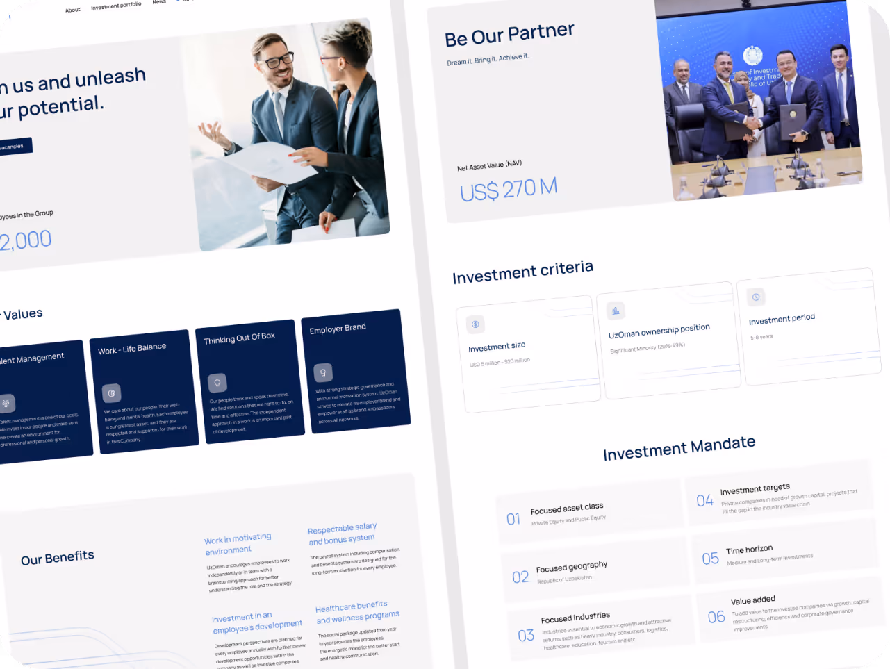 A corporate website layout featuring two men in suits discussing documents, a partnership section with men at a table, and investment details highlighting criteria and mandates.