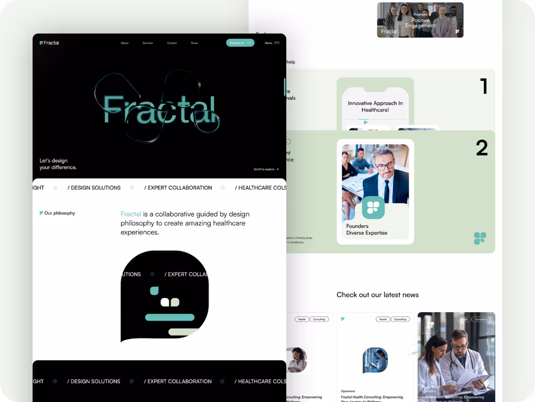 The homepage features sleek black and white sections with green accents. Large 'Fractal' text overlays abstract graphics. Key sections include design philosophy, expert collaboration, and healthcare solutions. 