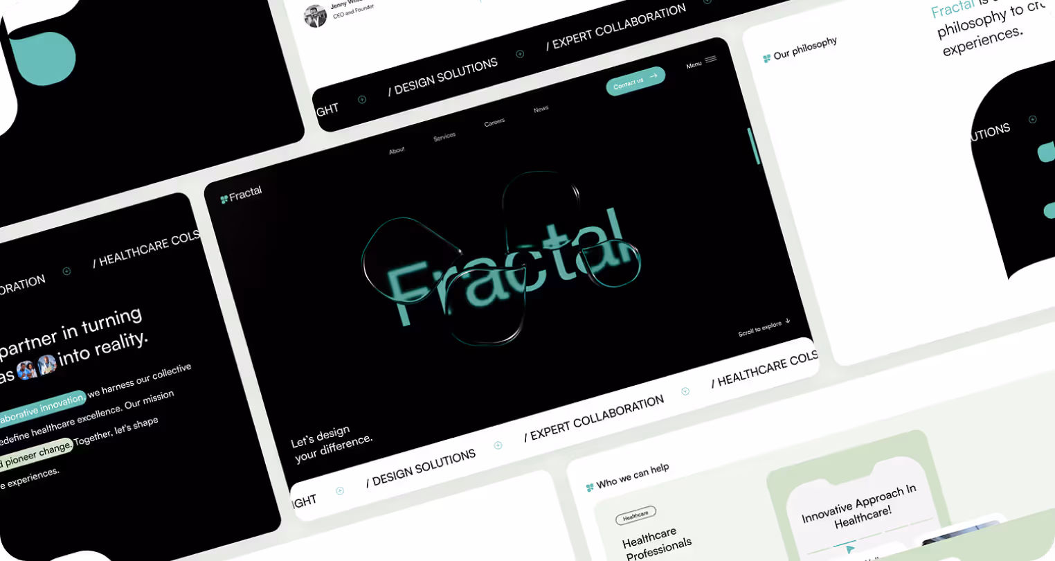 Collage of website screenshots featuring the word "Fractal" in teal on black background. Highlights design solutions and healthcare collaboration themes.