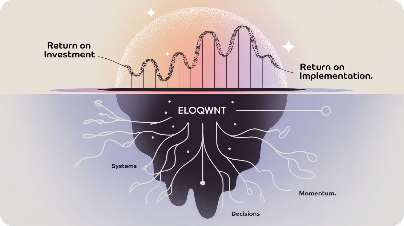 Stylized iceberg graphic with "Return on Investment" and "Return on Implementation" above water. Below, labeled roots: "Systems," "Momentum," "Decisions."