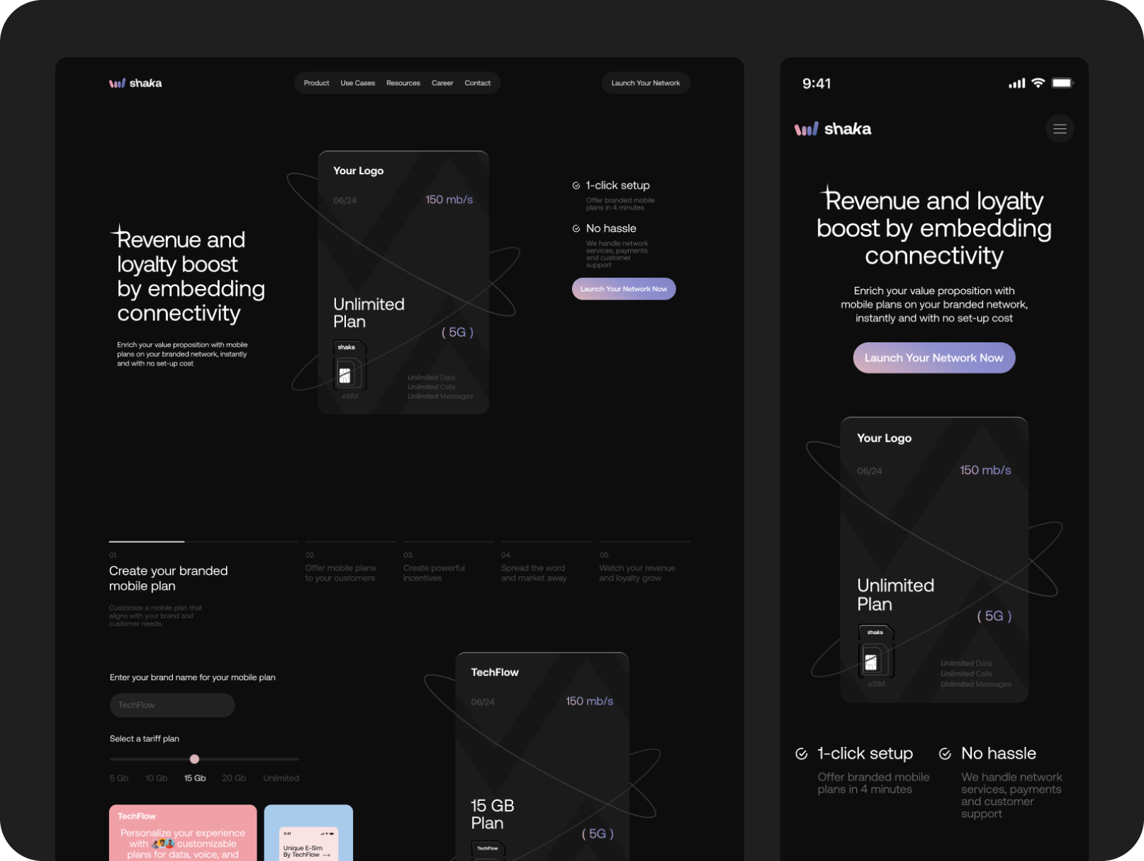 Dark-themed website and mobile interface for "Shaka" promoting connectivity solutions. Features text on revenue and loyalty, with setup options and a call-to-action button.