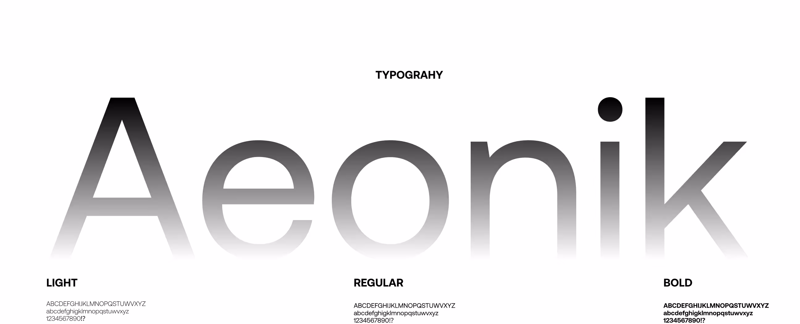 Text displaying the word "Aeonik" in a gradient from light to bold, showcasing typography styles. Below, smaller text shows alphabet and numbers in light, regular, and bold.
