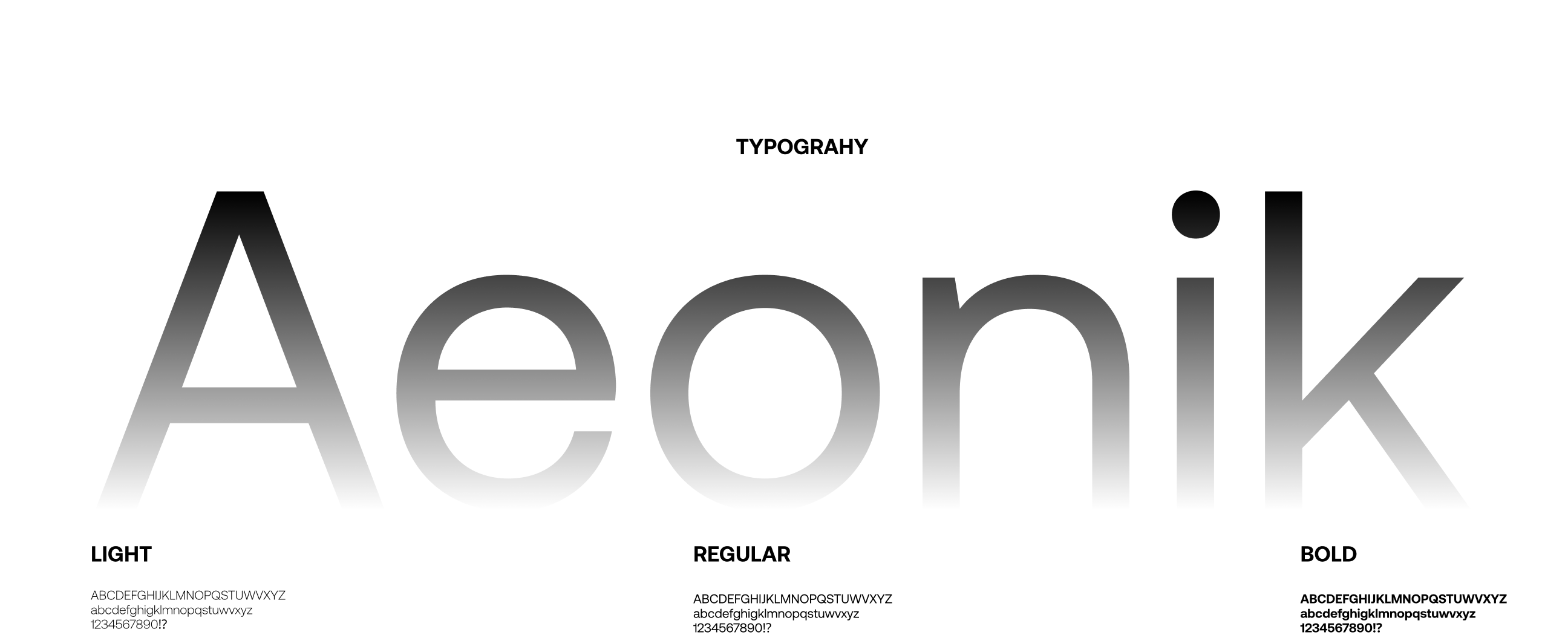 Text displaying the word "Aeonik" in a gradient from light to bold, showcasing typography styles. Below, smaller text shows alphabet and numbers in light, regular, and bold.