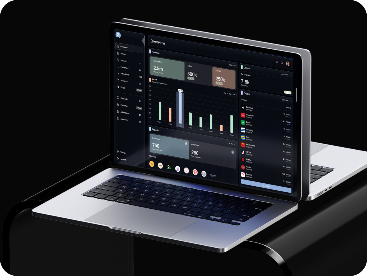 A laptop displaying a sleek dashboard interface with charts and graphs on a dark background, set on a glossy black table, exuding a tech-savvy vibe.