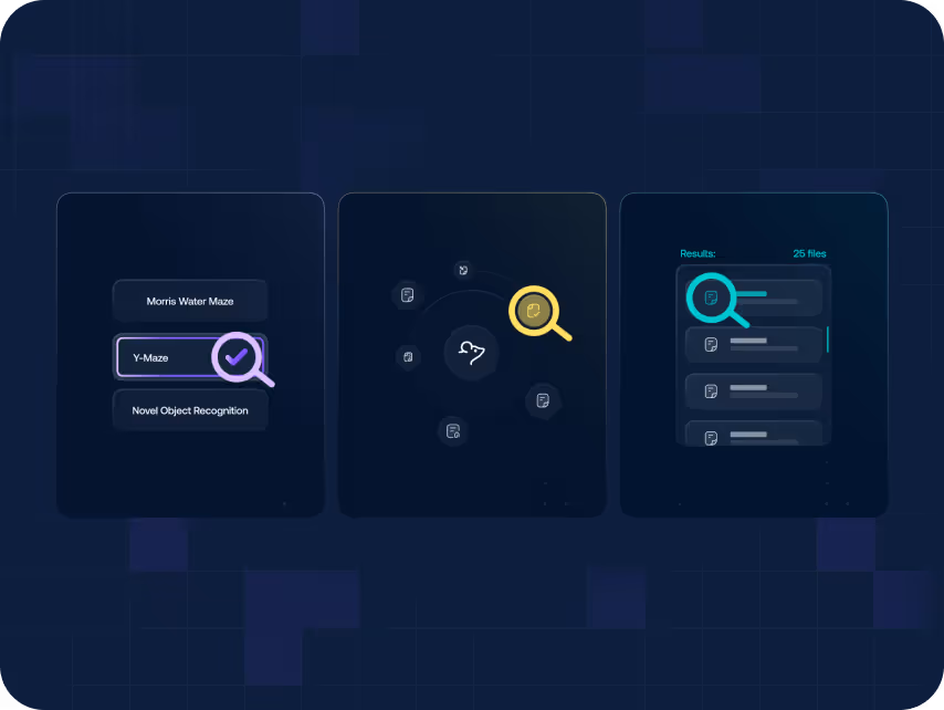 Three panels on a dark grid background. Left: a task list with a blue magnifying glass on "Y-Maze." Center: yellow magnifying glass on icons. Right: file results with a cyan magnifying glass.