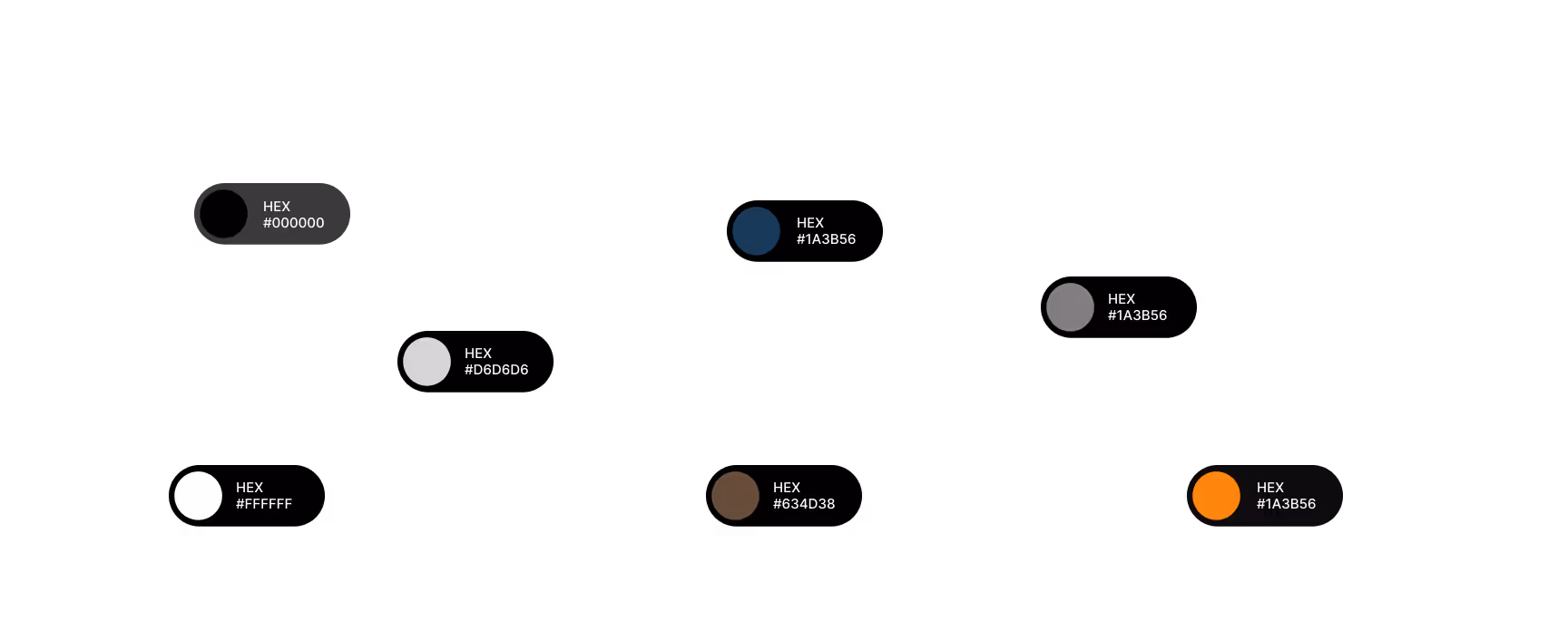 A black background with six labeled color swatches: black, white, dark blue, gray, brown, and orange. Each swatch displays its HEX code.