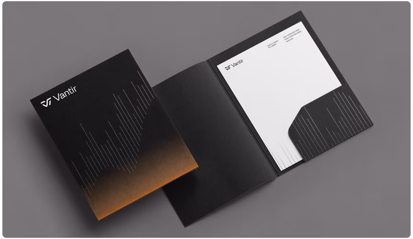 Folder design featuring a black cover with vertical line patterns and orange gradient accents. Inside, a white letterhead with matching design is partially visible.