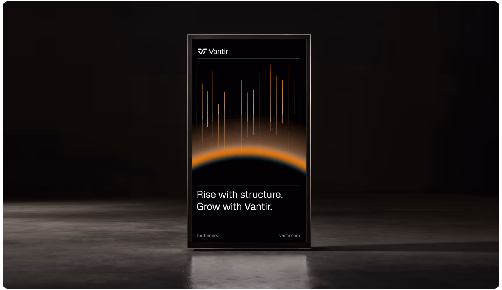 A sleek black poster with an abstract design featuring vertical lines rising from a glowing arc. Text reads, “Rise with structure. Grow with Vantir.”