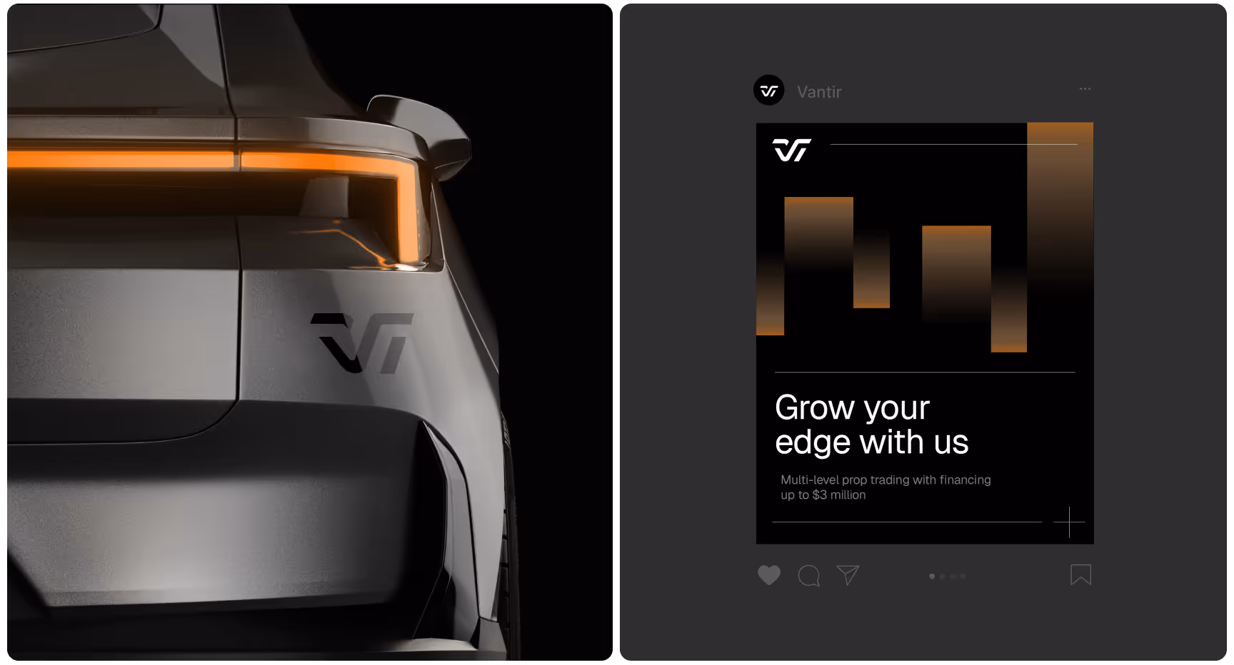 A sleek car back highlighted by glowing orange lights, next to a dark-toned ad with vertical orange bars and text: 'Grow your edge with us. Multi-level prop trading with financing up to $3 million.'