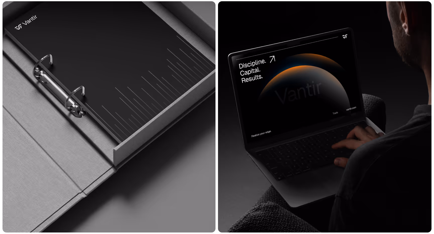 Left shows a gray binder with a sleek black cover and minimal design inside. Right depicts a person using a laptop displaying a dark screen with "Discipline. Capital. Results." beside a visual of a planet.