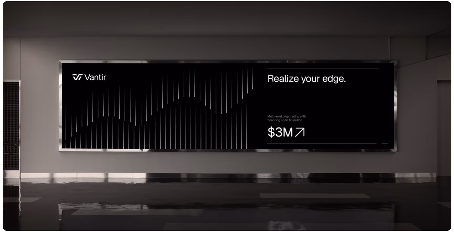A sleek, modern billboard displays "Realize your edge" with a black and white geometric pattern, evoking innovation. "Vantir" and "$3M" are prominently featured.