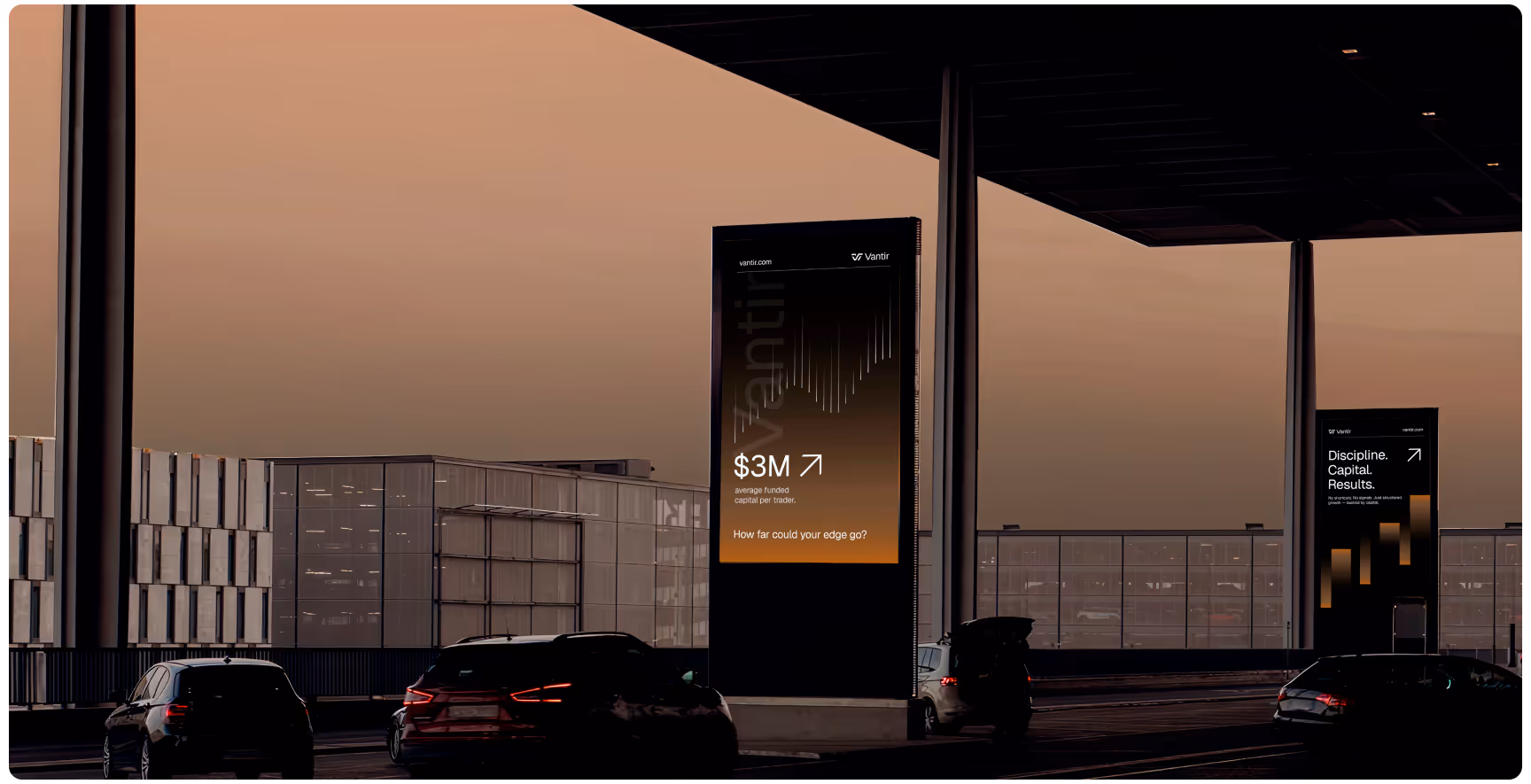 Sunset over a modern urban scene with cars driving past two digital billboards displaying financial growth graphs and messages, creating a dynamic atmosphere.