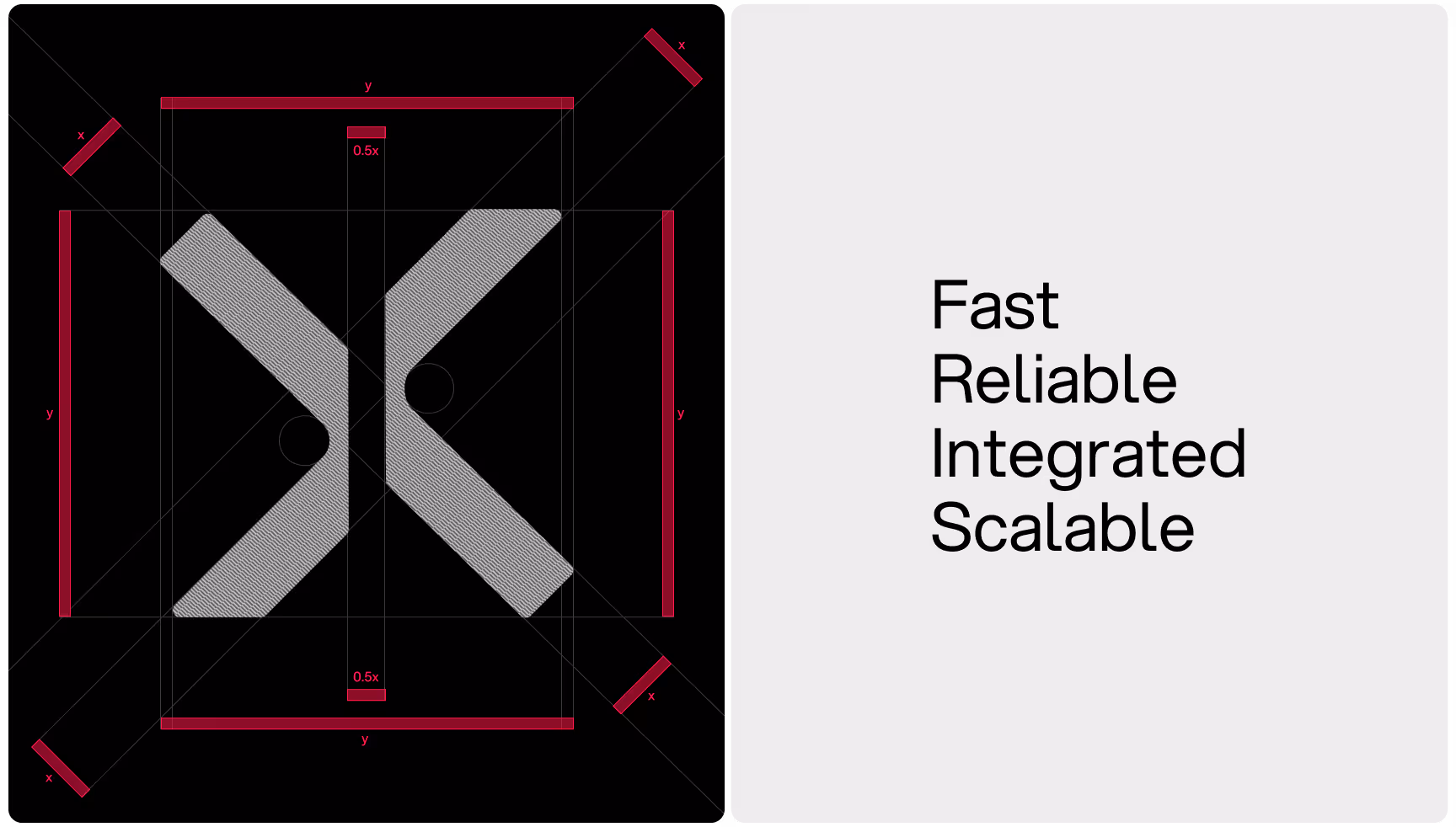 Geometric design with intersecting shapes on the left; right side has text reading "Fast, Reliable, Integrated, Scalable" on a light gray background.