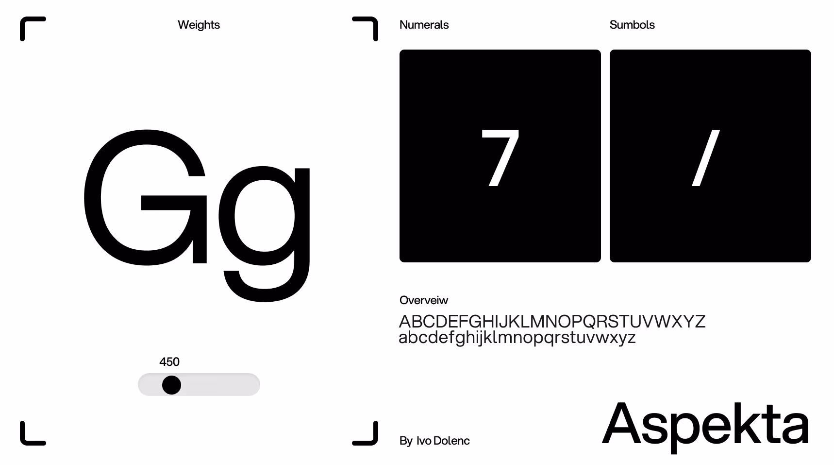 A font design showcase titled 'Aspekta' by Ivo Dolenc. The left features large 'Gg' in bold with a weight slider set at 450. Right displays numeral '7' and symbol '/' in black squares. Below, uppercase and lowercase alphabets are shown.