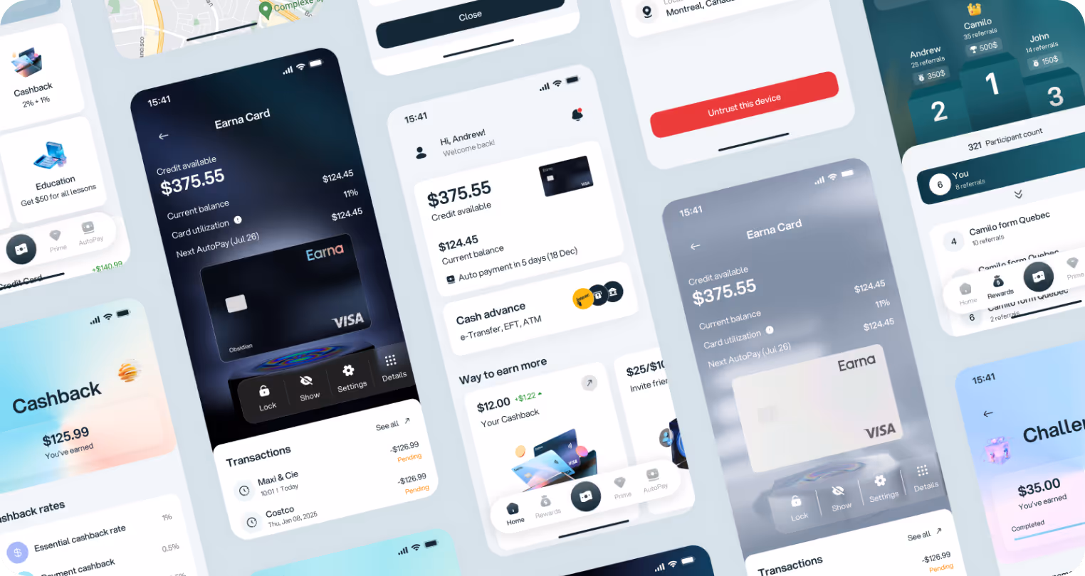 Mobile banking app interface displays various screens, showing account balance, transactions, cashback, challenges, and settings. 