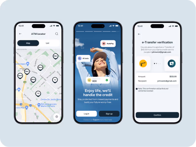 Three smartphone screens showcase different app functions: an ATM locator map, a cheerful woman under "Enjoy life, we'll handle the credit," and e-Transfer verification details.