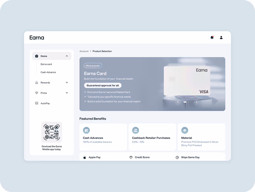  Web page interface featuring 'Earna Card,' with sections listing benefits like cash advances and cashback. A QR code suggests downloading the app.