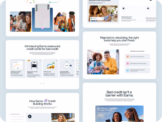 Webpage showing 'Credit Basics' articles with images of diverse people smiling outdoors. Topics include credit scores, improvement tips, and myths.
