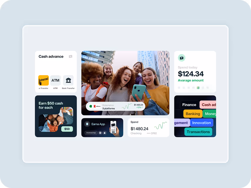 A collage features happy friends taking a selfie, financial app screens with spending analytics, cash advance options, and a $50 referral offer, conveying a tech-savvy, social vibe.