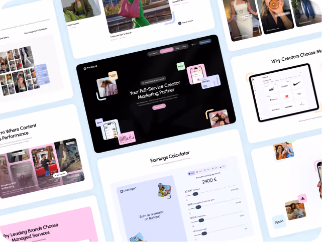 A collage of digital marketing platforms with diverse screens. Central dark display reads "Your Full-Service Creator Marketing Partner," surrounded by light interfaces.