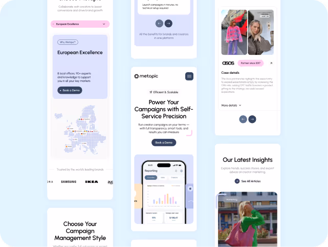A collage of promotional website mock-ups on a light blue background. Includes sections for "European Excellence," "Metapic," and "Our Latest Insights," featuring maps, graphs, and lifestyle images.