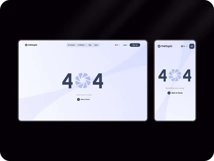 Minimalist 404 error page displayed on desktop and mobile screens. Bold '404' with geometric design in center, 'Back to Home' link below, set against a light background.