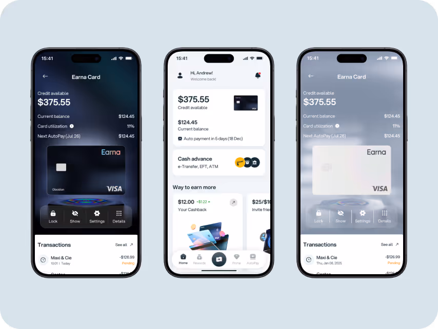 Three smartphone screens display a financial app showing card balance of $375.55. Features include transactions, settings, and cash advance options.
