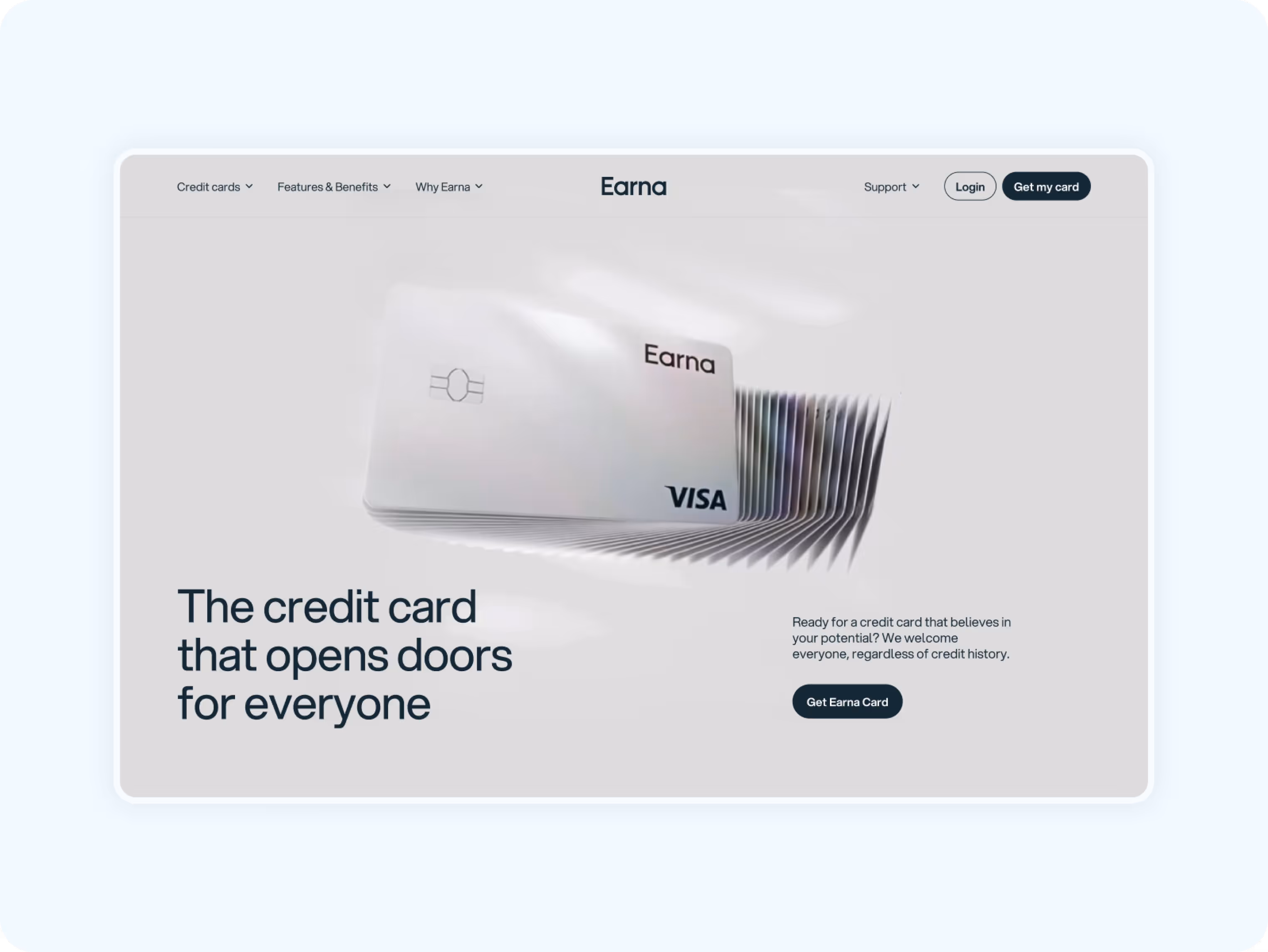 A stack of sleek white credit cards with "Earna" and "VISA" logos is featured. Text reads, "The credit card that opens doors for everyone," conveying inclusivity.