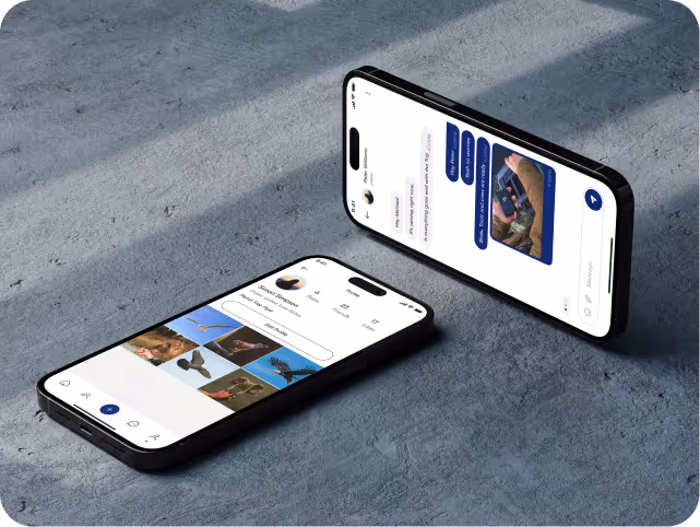Two smartphones lie on a concrete surface. One displays a photo gallery, and the other shows a messaging app with images and text. 
