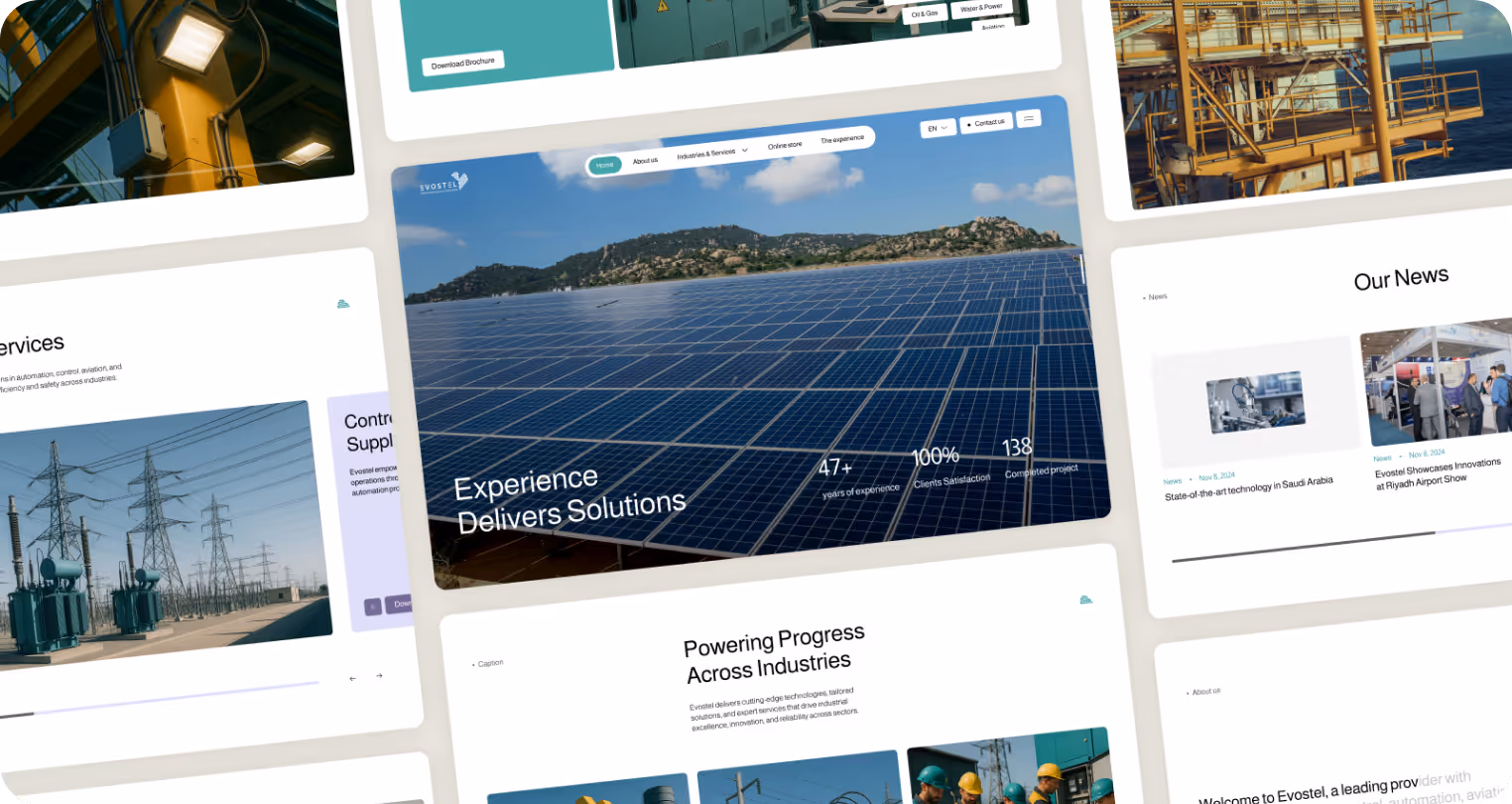 Collage of website pages featuring renewable energy themes. Central image shows solar panels with mountains in the background, conveying innovation.