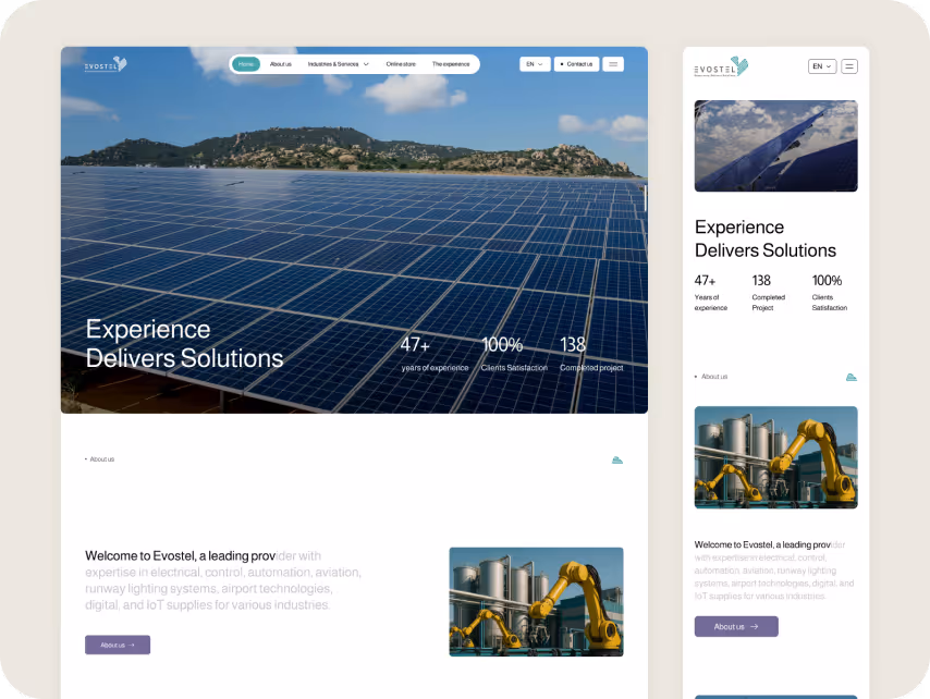 Website design showcasing a solar panel field with hills in the background, highlighting 'Experience Delivers Solutions' and company metrics. 