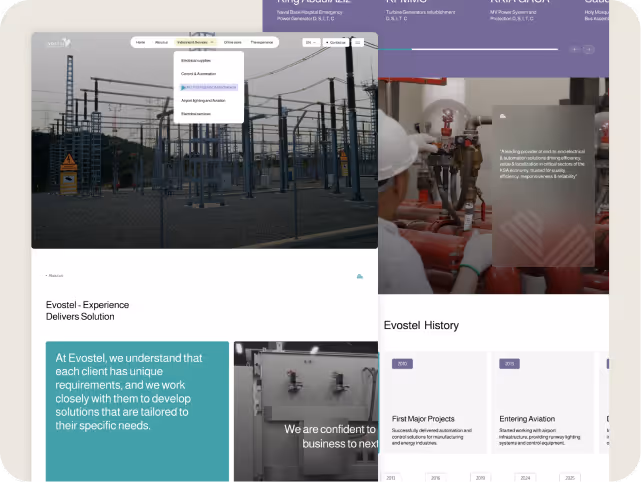 Split-screen website display: the left showcases an electrical substation with a navigation menu, while the right features a worker in a hard hat and project timeline.