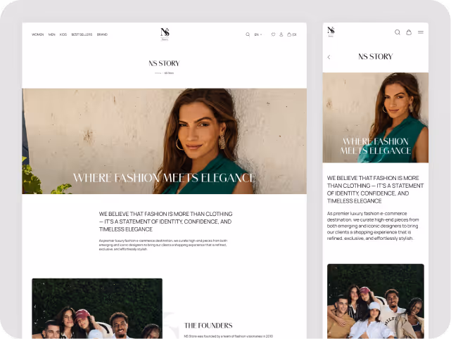 Website mockup displaying a fashion brand's homepage on desktop and mobile. Features a woman in elegant attire, with text, "Where fashion meets elegance."