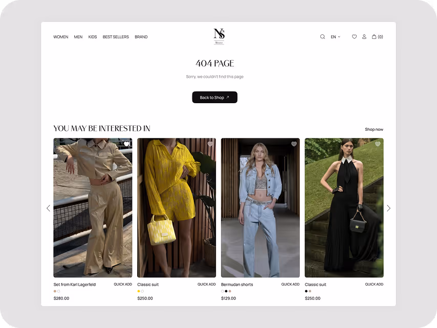 Website 404 page with a message "Sorry, we couldn't find this page." Below, a "Back to Shop" button and product suggestions, including various suits and outfits.
