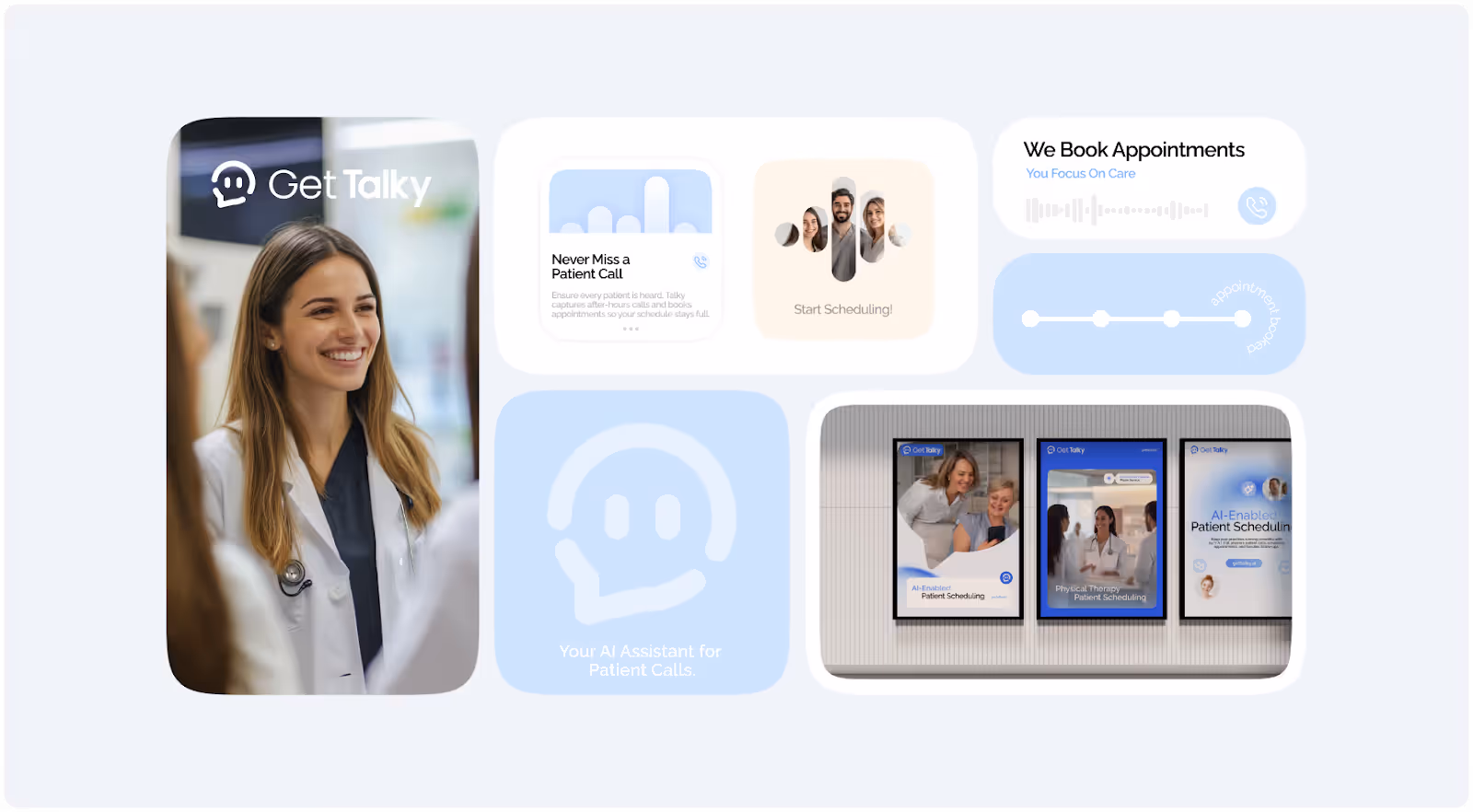 A smiling woman in a lab coat with a stethoscope represents a healthcare professional. Nearby are graphics suggesting features like appointment scheduling and an AI assistant for patient calls. 
