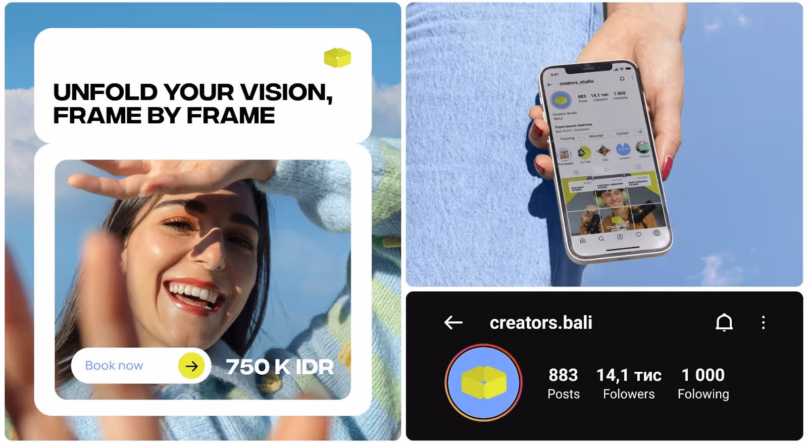 A smiling woman with hands framing her face, text reads "Unfold Your Vision, Frame by Frame," and a "Book Now" button. A hand holding a smartphone displaying an Instagram profile against a blue background. Screenshot of an Instagram profile with username "creators.bali" showing 883 posts, 14.1k followers, and 1,000 following.