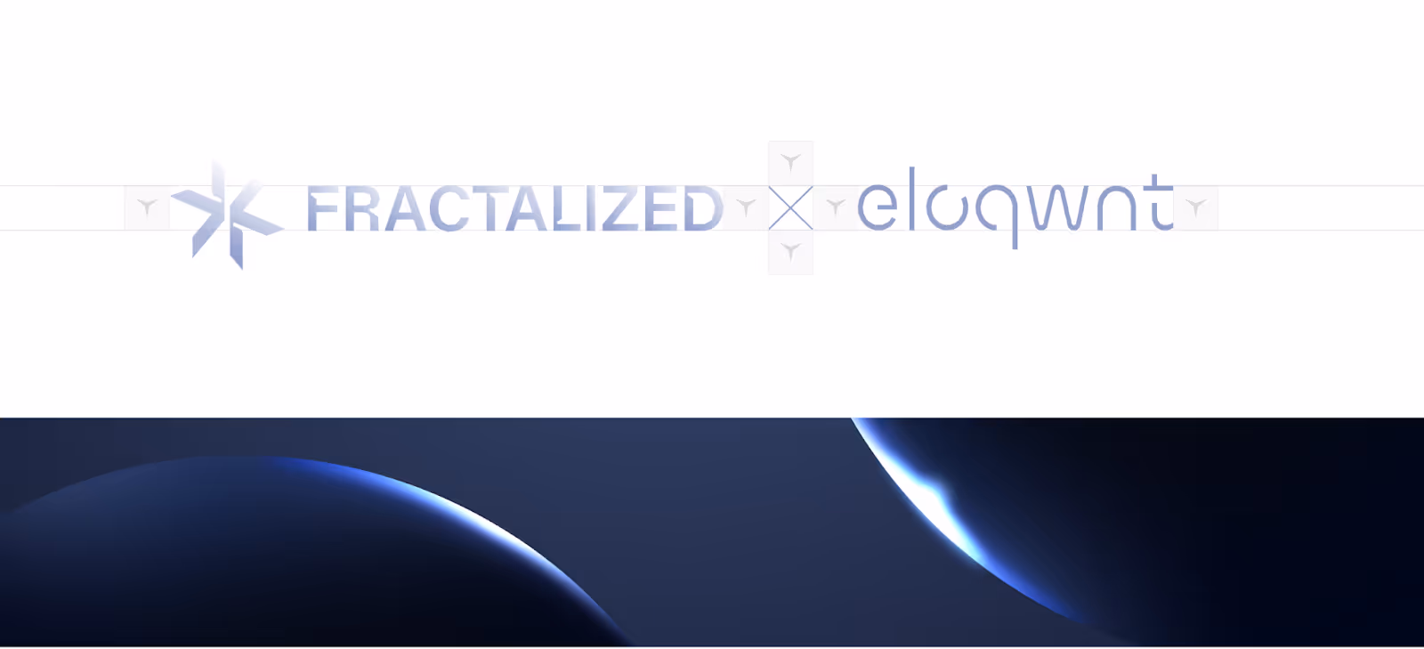 Abstract logo of crossed stylized snowflakes with the text 'FRACTALIZED x eloquent.' Below, a dark, futuristic cosmic scene with planets.