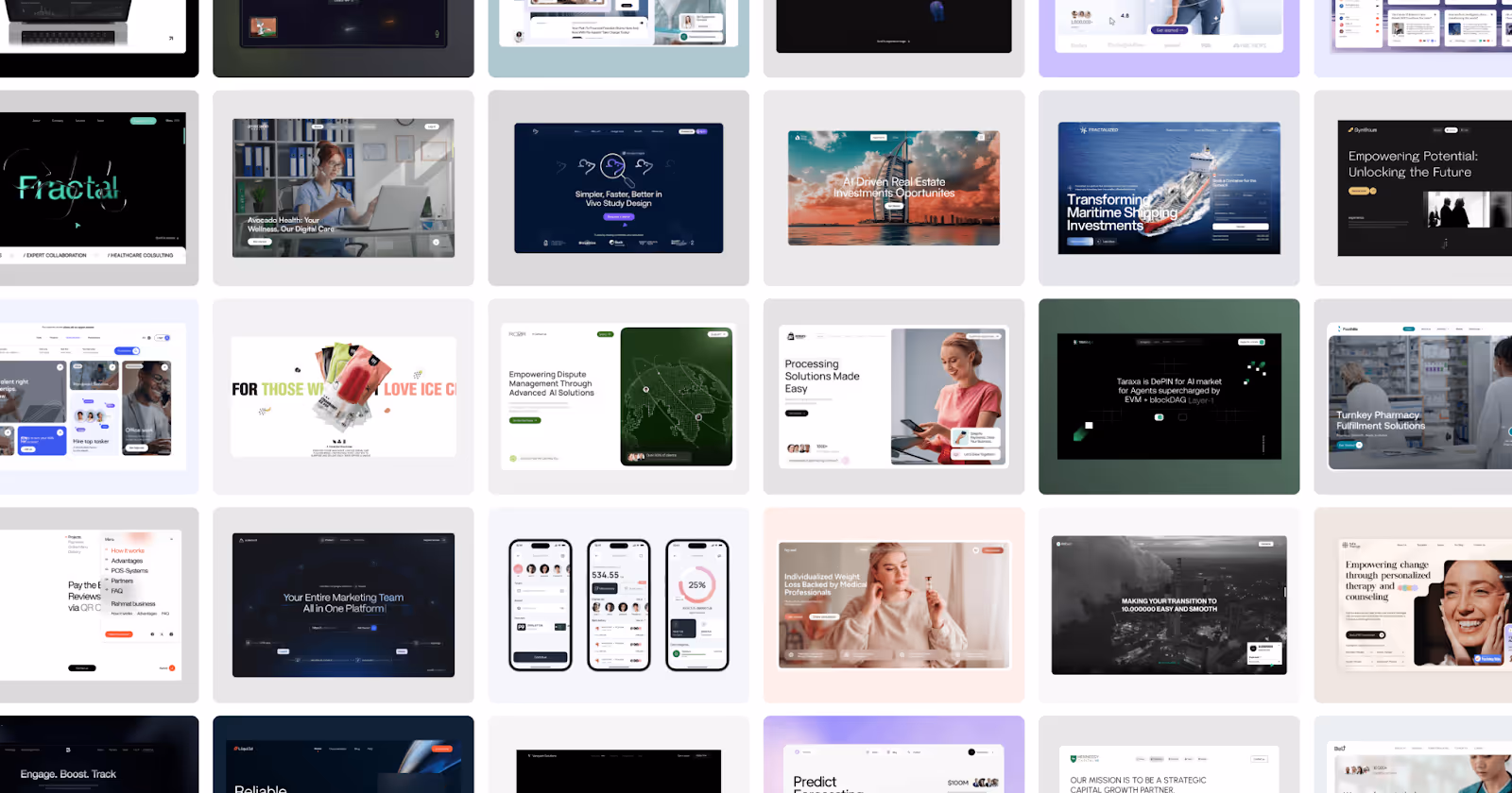 Grid of 24 diverse website designs, each with unique layouts and themes. Includes tech, lifestyle, and corporate styles. Bright and modern tone.