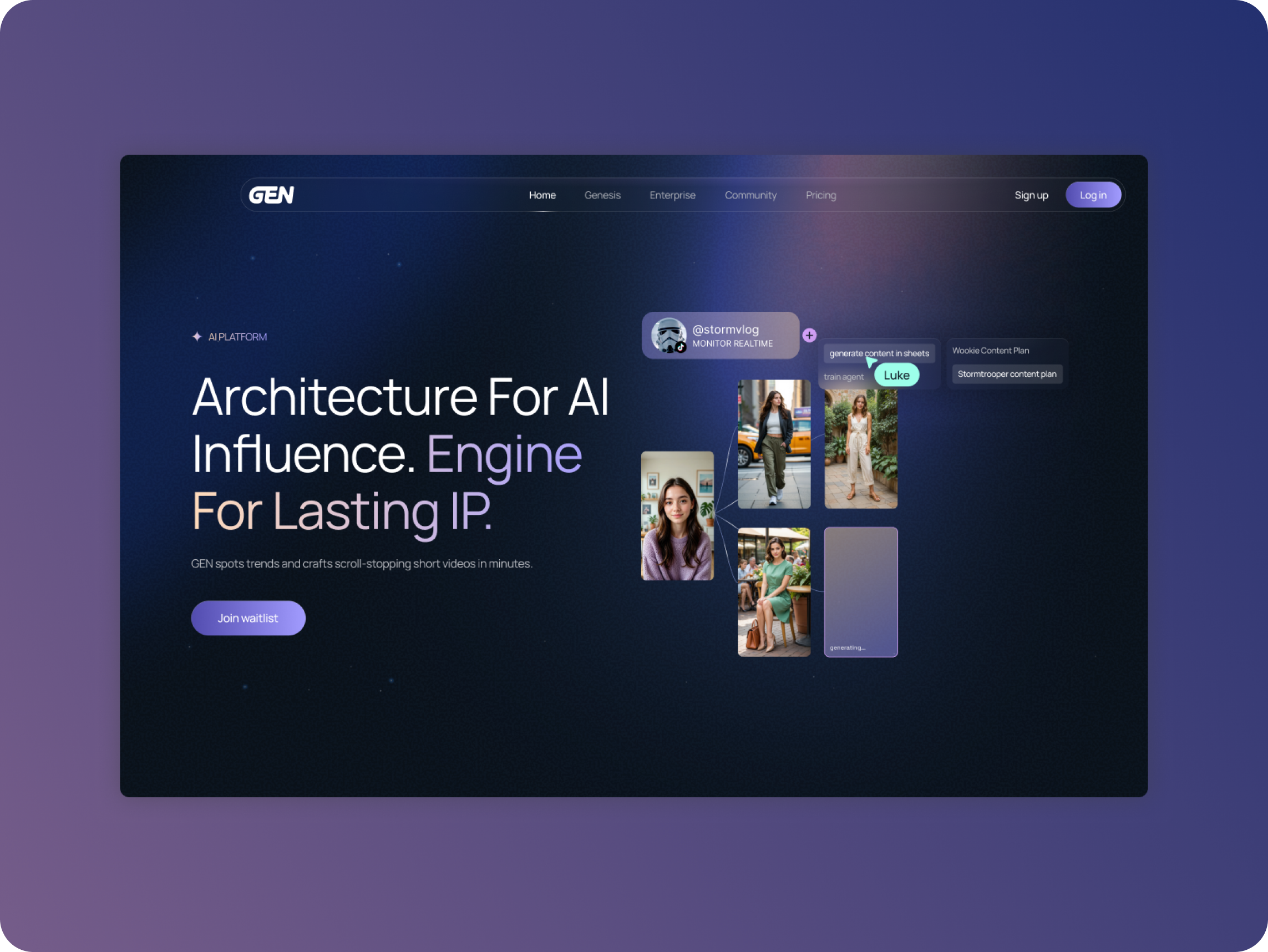 Dark-themed webpage with the text "Architecture For AI Influence. Engine For Lasting IP." Several user interface elements and small profile images are displayed.