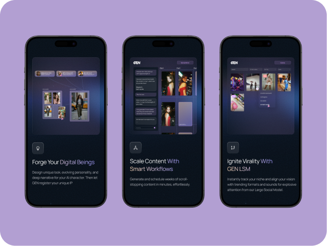 Three smartphones display digital content creation tools. The screens feature digital beings, smart workflows, and tools to ignite virality. Background is purple.