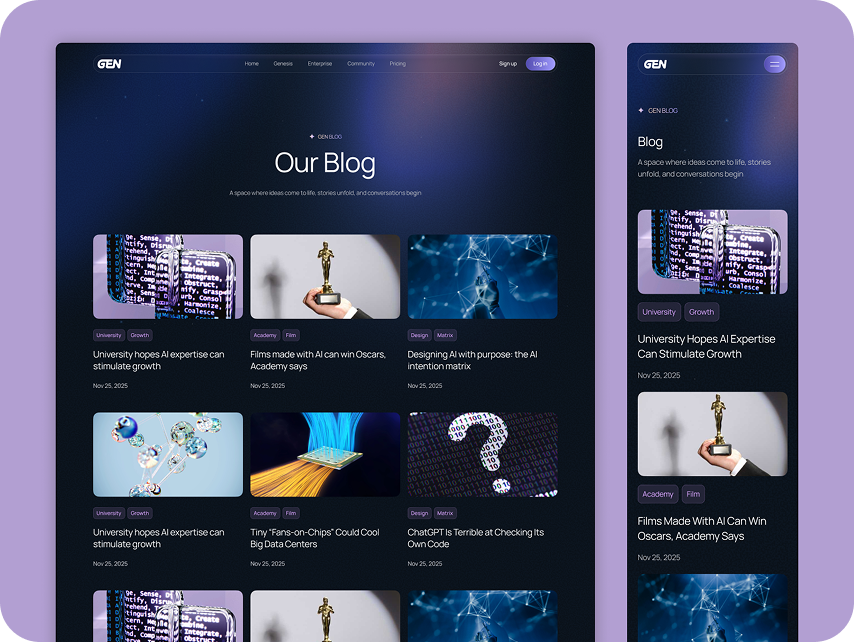 Dark-themed blog webpage with tech-focused content. Main titles: "Our Blog" and "Blog." Articles feature images of code, an award, and AI concepts. Emotive, futuristic tone.