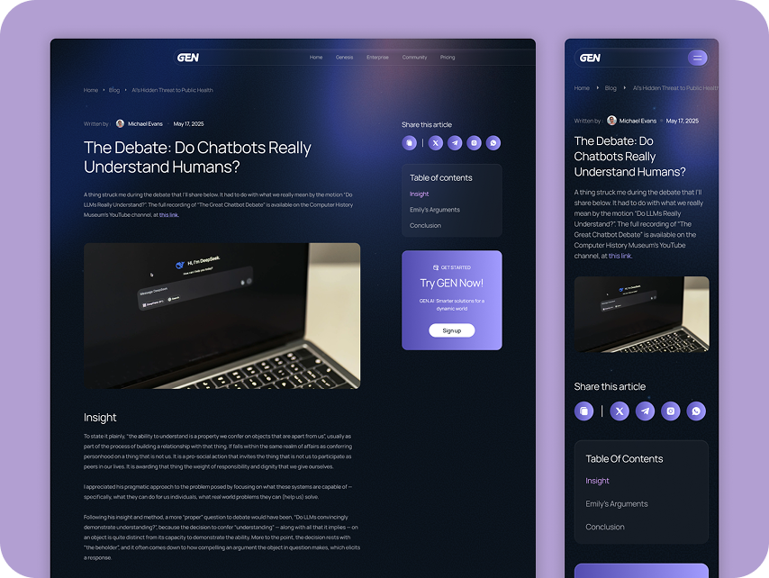 Website design featuring an article titled "The Debate: Do Chatbots Really Understand Humans?" displayed on a desktop and mobile device. A laptop image accompanies the text. The layout includes sections like "Insight" and "Table of Contents," and features 