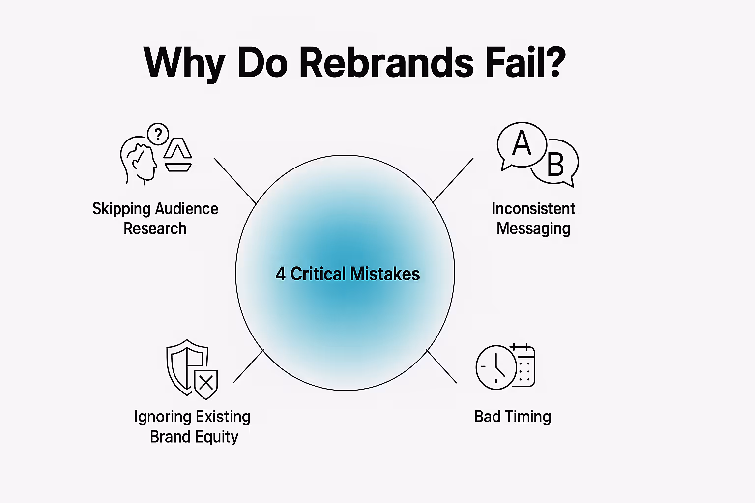 Infographic titled ‘Why Do Rebrands Fail?’ showing a blue circular diagram with icons and text highlighting four mistakes: lack of audience research, inconsistent messaging, ignoring brand equity, and poor timing.