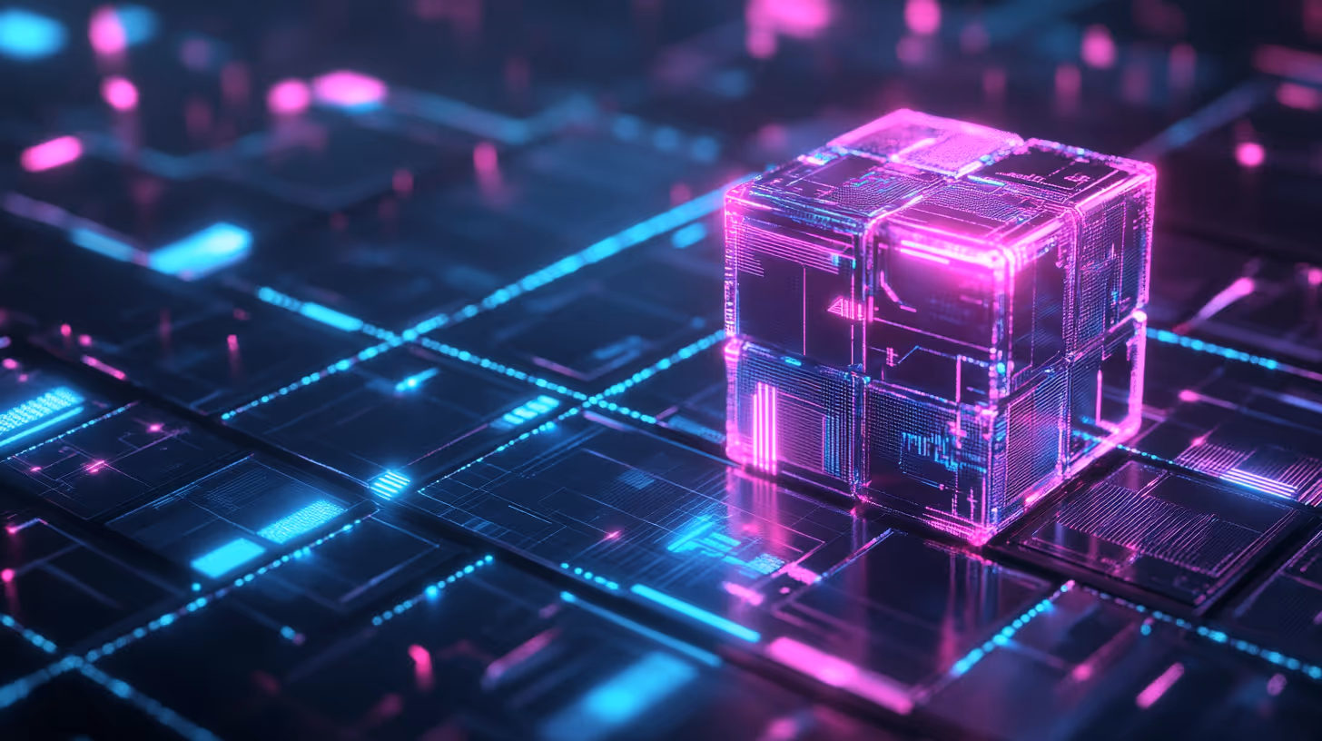 A glowing, futuristic pink cube with neon details sits on a digital, circuit-like blue grid. The scene has a high-tech, cybernetic feel.