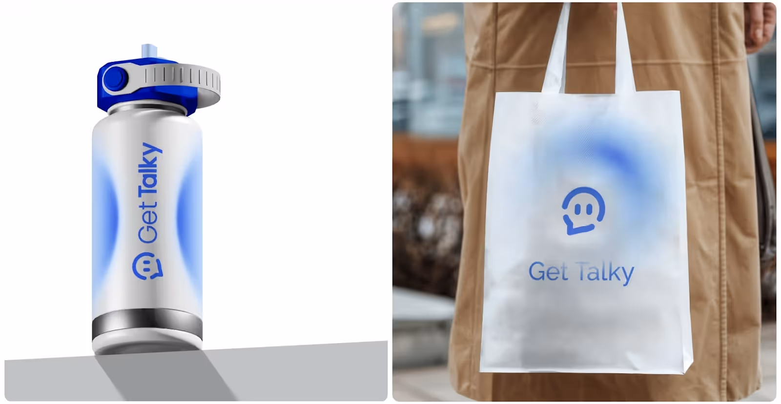 Example of negative space in Get Talky packaging: thermos and shopper bag with generous spacing, bold typography, and clean layout on a white background.]