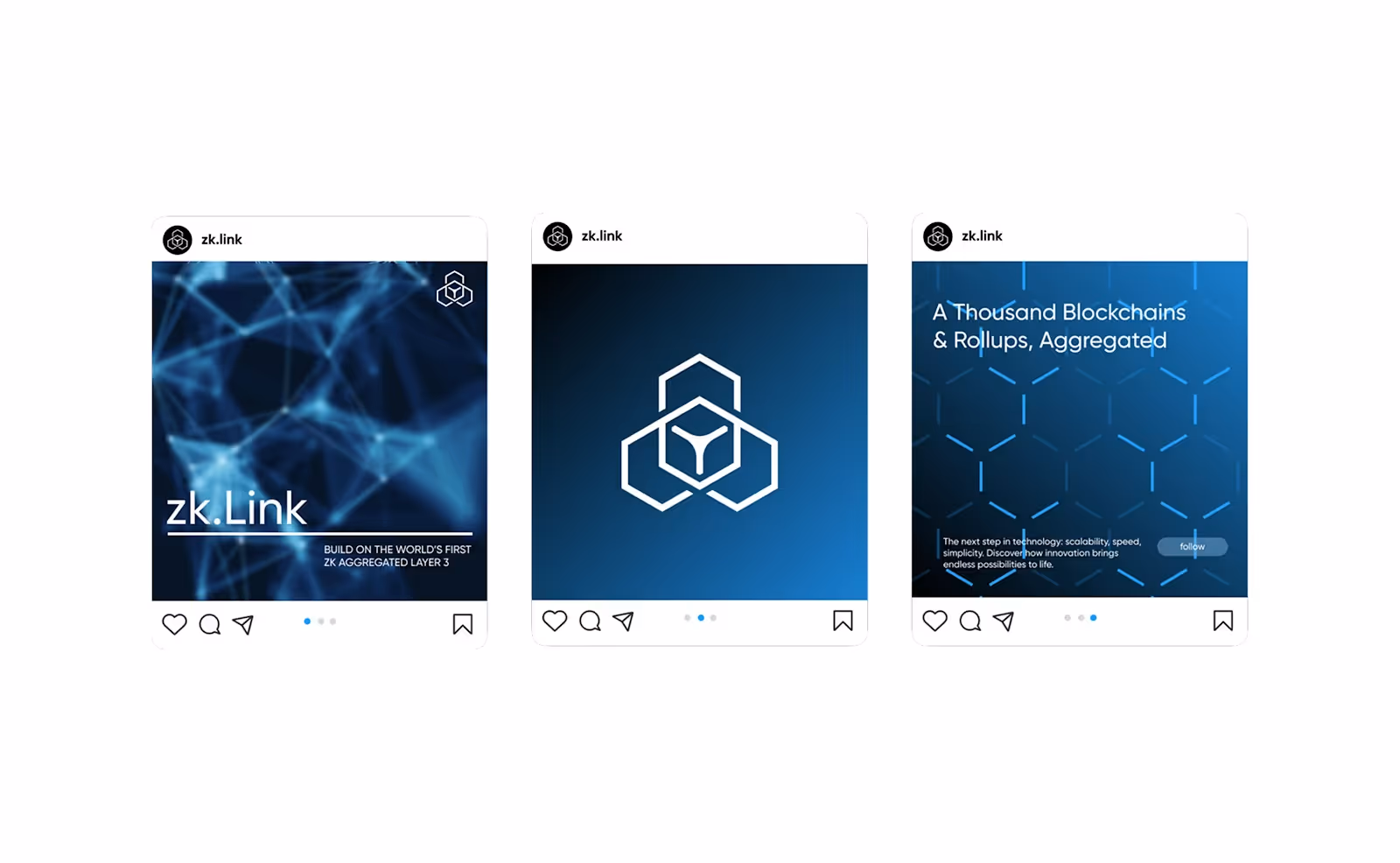 Three Instagram posts showcasing zk.Link promotion. Left: Blue network graphic with text "zk.Link". Center: Hexagon logo on blue. Right: Text "A Thousand Blockchains & Rollups, Aggregated" with blue pattern background.